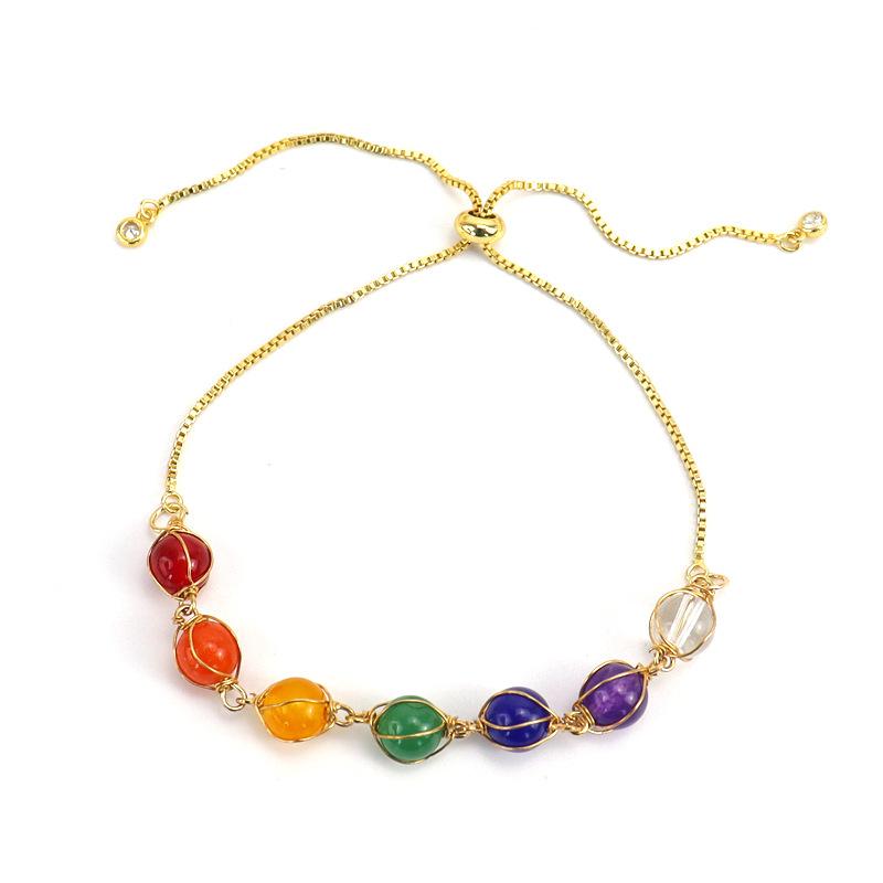 Hand-Wrapped Gold Natural Stone Crystal Round Bead Push-Pull Pull Bracelet Adjustable Bracelet B41