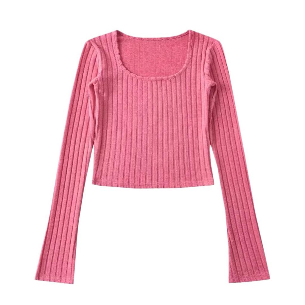 Early Fall Women's Square Neck Knitted T-Shirt Slim-Fit Skinny Bottom Top