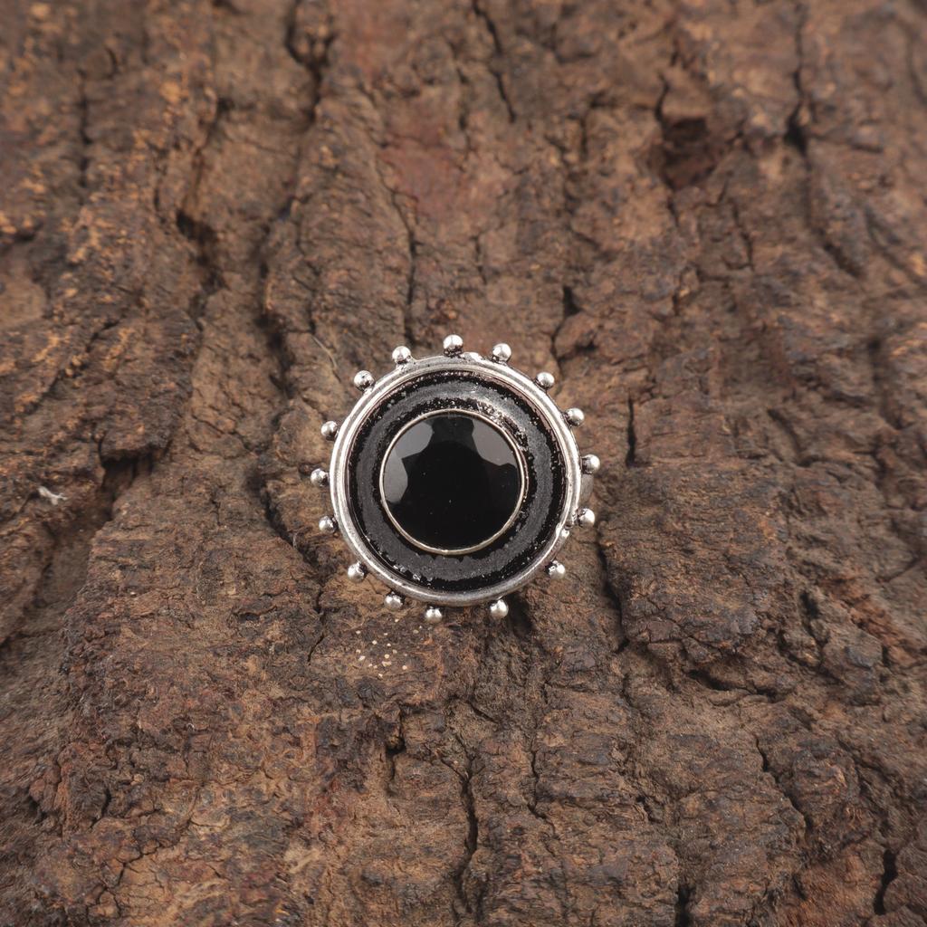 Round Black Onyx Gemstone Statement Eternity Friend Gift Ring Sterling Silver RR-49-19