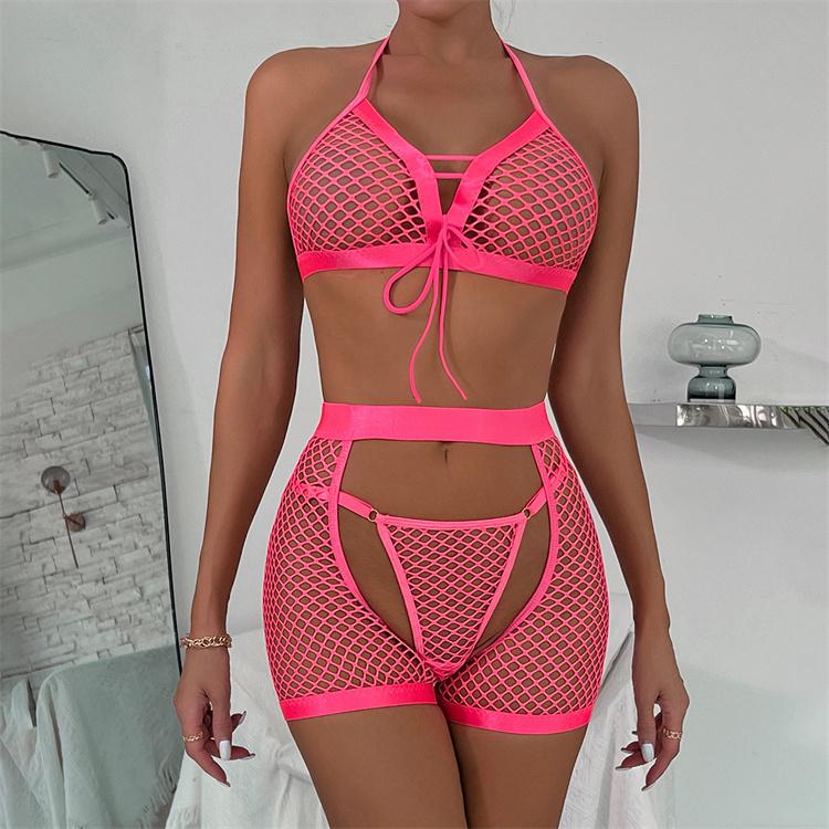 Night Wear Sexy Lace Three Pieces Set Bra and G String with Garter Belt Transparent Erotic Sexy Lingerie Woman Lingerie Erotic