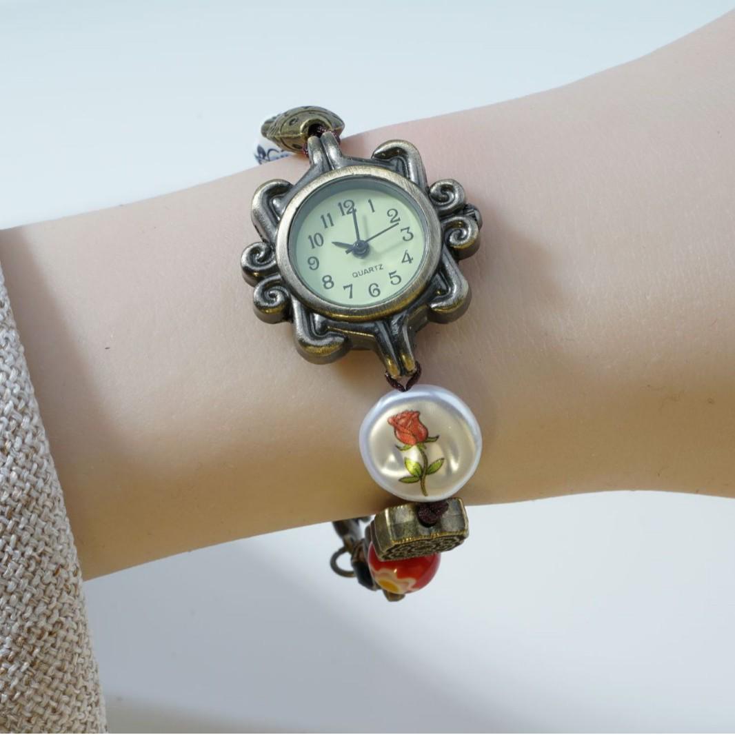 Викторианский стиль Ретро Бронзовый Браслет-часы с Бусинами в виде Цветка Розы для Женщин бронзовый