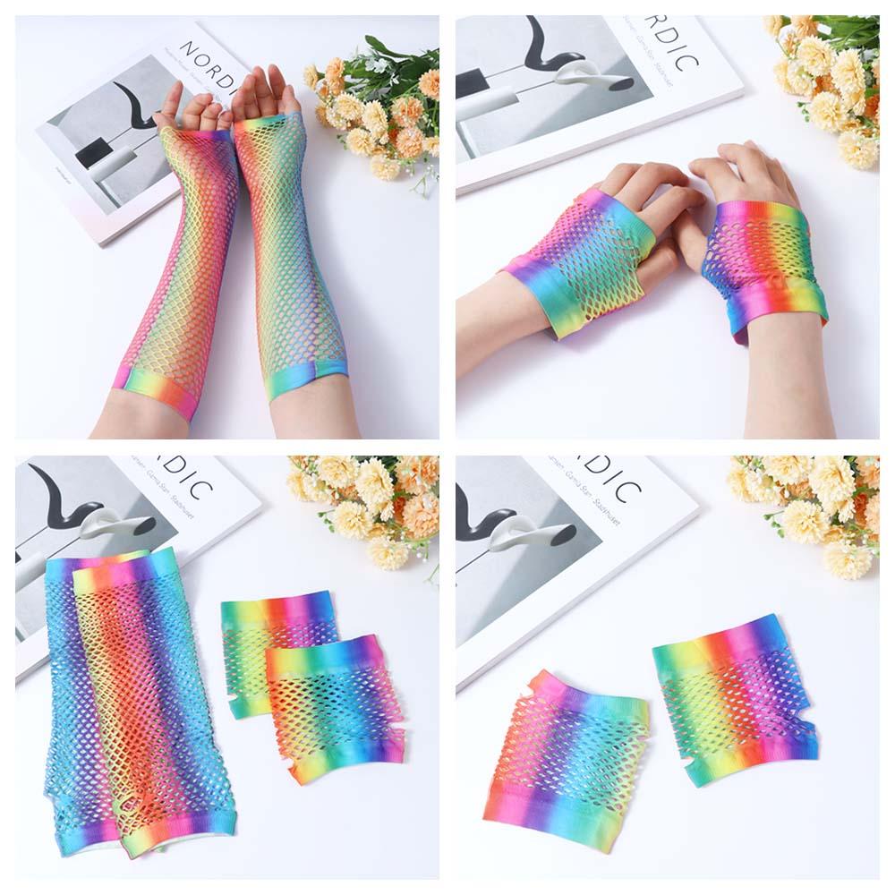 Short Half Finger Long Half Finger Girl Nylon Fishing Net Gloves Rainbow Color Gloves Arm Sleeves