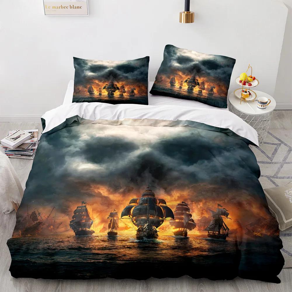 Vintage Sailboat Duvet Cover Nautical Ocean For Children Teen Adult Ship Fire Black Retro Style Polyester Quilt Cover Room Decor
