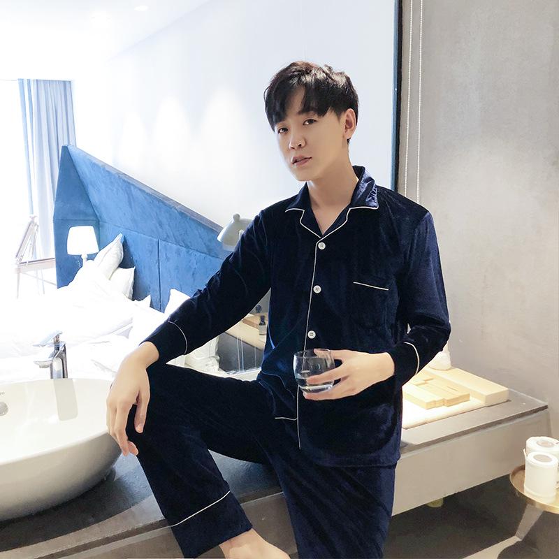 Couple's Gold Velvet Pajamas: Thin Fleece Two-Piece Set for Women & Men - Long Sleeve, Solid Color, Perfect for Spring & Autumn Homewear