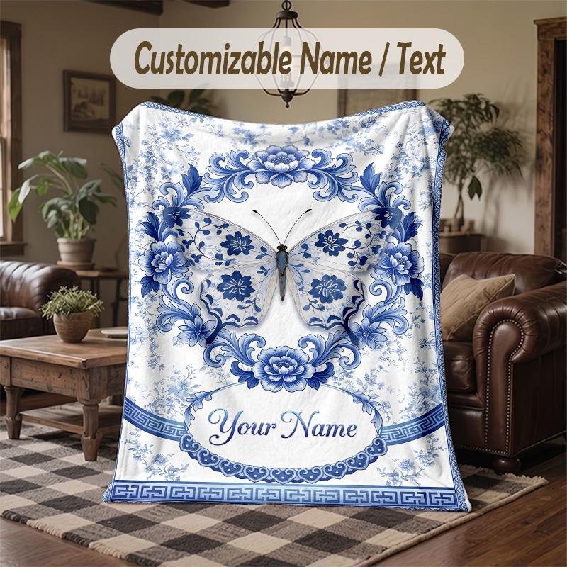Blue Rose Elegance Theme Throw Blanket Custom Name Text Personalized Blanket Soft Cozy Blanket for Home Sofa Bed