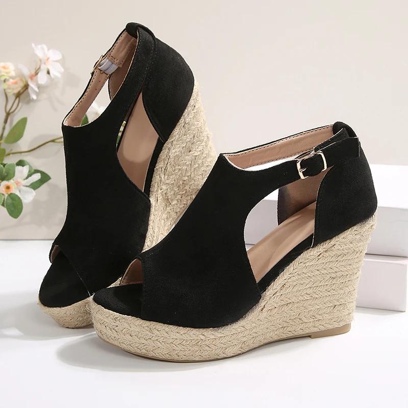 Fashion Vintage Cover Heel High Heel Sandals for Women Fashion Flock Open Toe Sandal Woman Plus Size Anckle Strap Wedge Sandalias Mujer