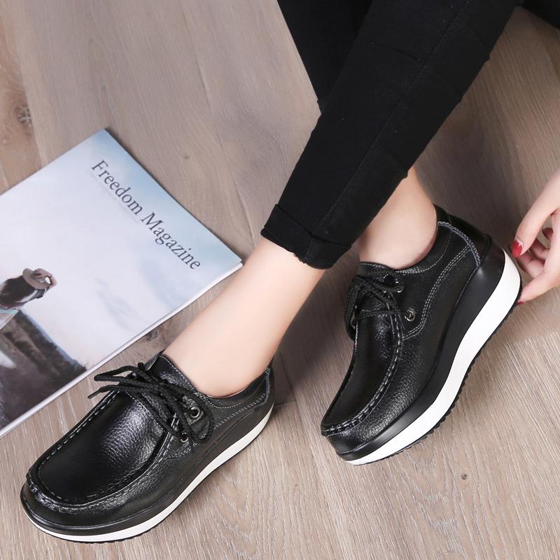 Genuine Leather Wedges Heels Shoes Fashion 5cm Platform Shoes Women Non-slip Walking Loafers