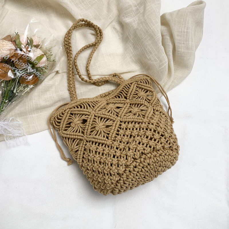 Drawstring Handwoven Tote Bag for Women Boho Summer Beach Bag with Geometric Pattern