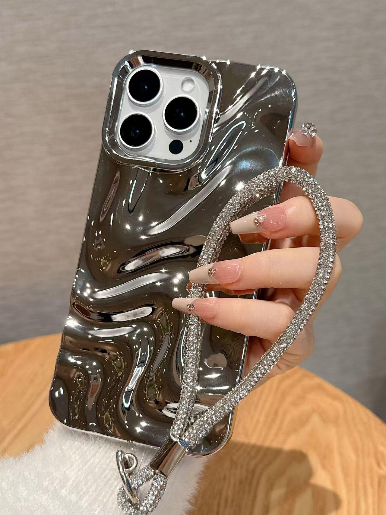 

Silver Electroplated Wave Pattern iPhone 17 Pro Max Case Chain iPhone 13 Pro срібний