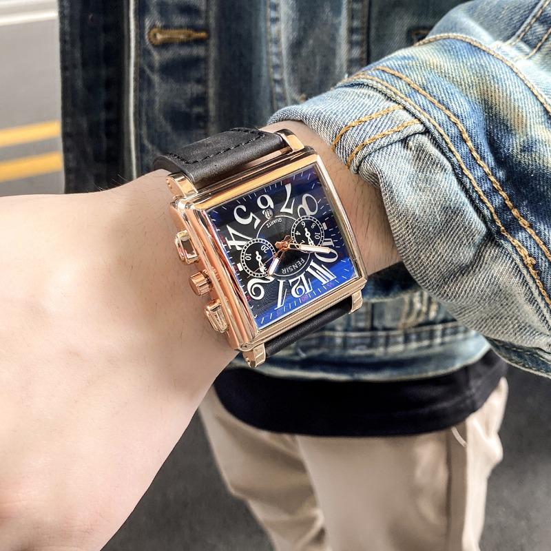 Square Dial, Leather Strap, Men's Waterproof Luminous Calendar Gift Watch