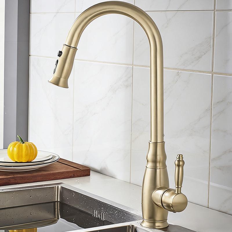 Elegant European-Style Brass Kitchen Faucet with Pull-Out Sprayer for Hot and Cold Water
