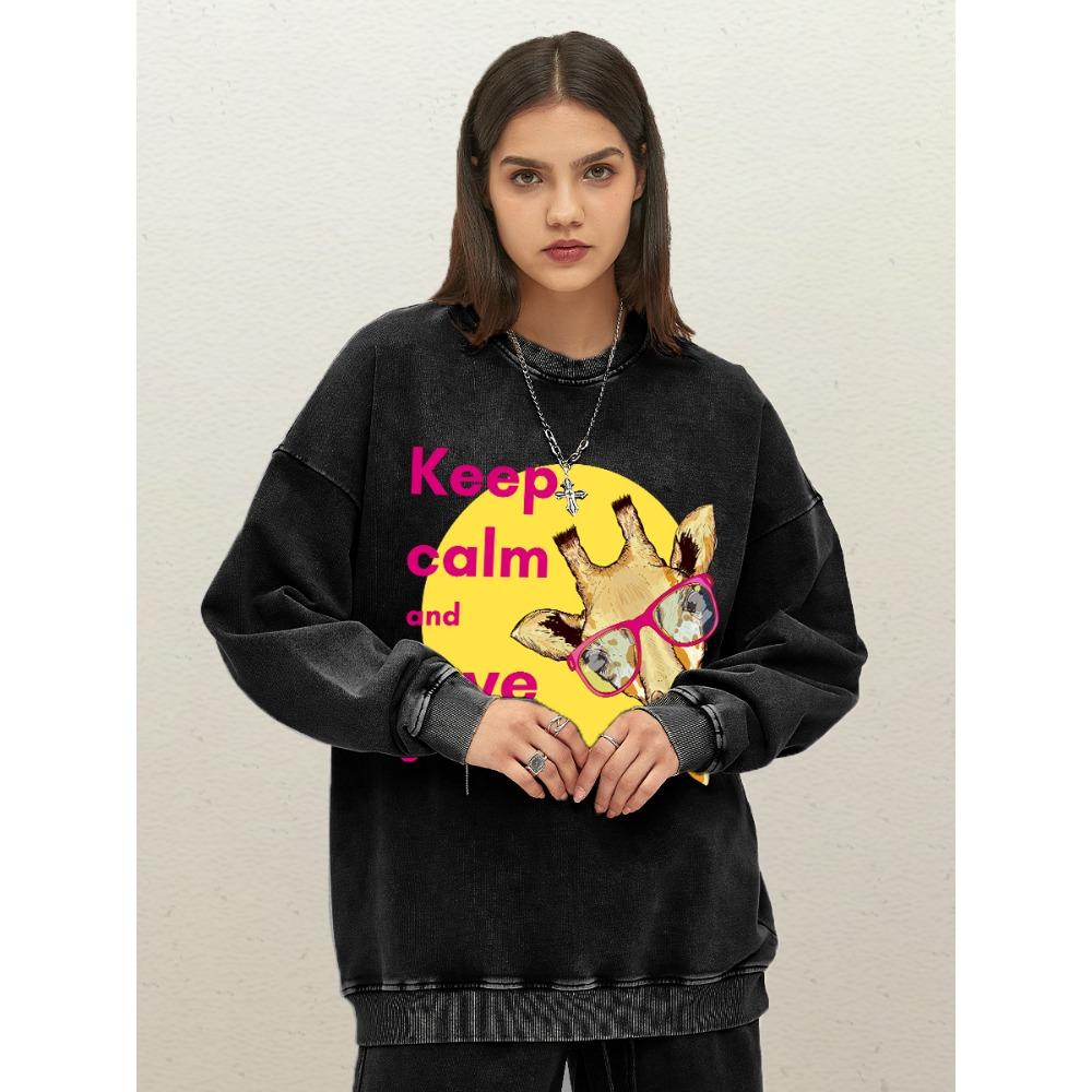 

Keep Calm And Love Giraffes Print Womens Washed Sweatshirt Crewneck Cotton Sportswear Loose Autumn Pullovers Clothes S