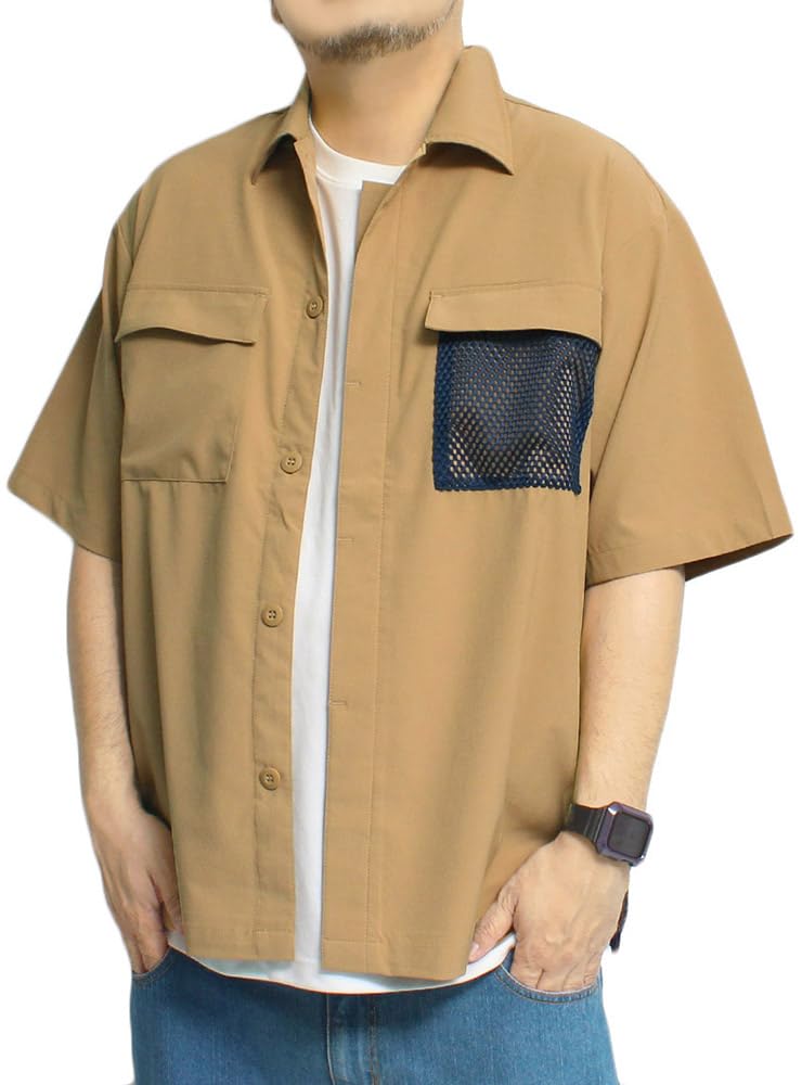 

One Colors LOGOS PARK Men s Short Sleeve Shirt, Water-Repellent Ripstop with Mesh Back, Stretch Work Shirt, Camel (Size 14), Size 5L