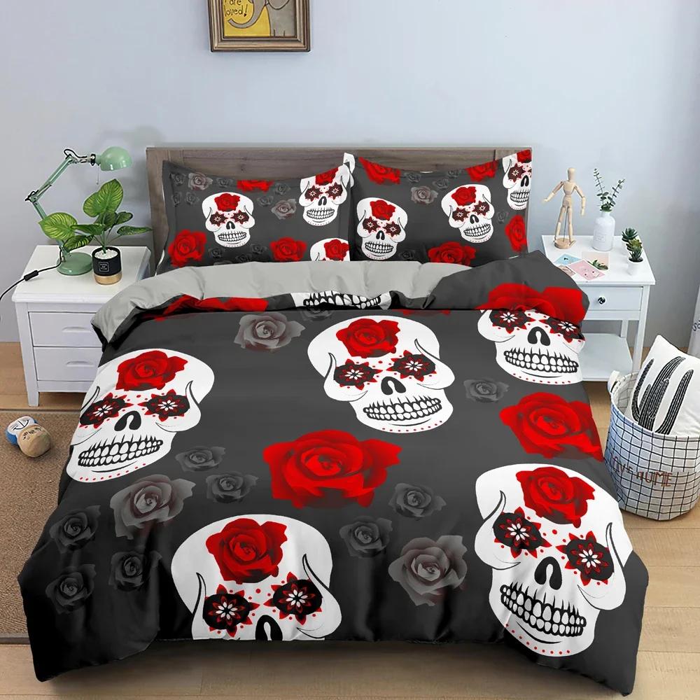 Heißer Stil Weiches Bettwäsche-Set 3D Digital Schädel Druck 2/3-teiliges Bettbezug-Set mit Reißverschluss Einzelbett Twin Doppelbett Full Queen King