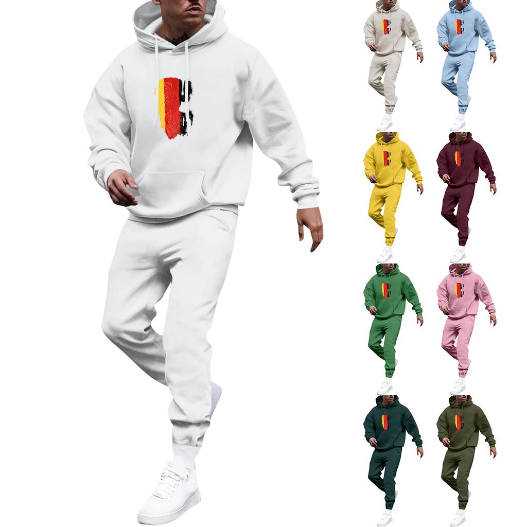Men's Solid Color Flag Print Hooded Universal Versatile Hooded Sweatshirt Sweatpants Casual Sports Suit