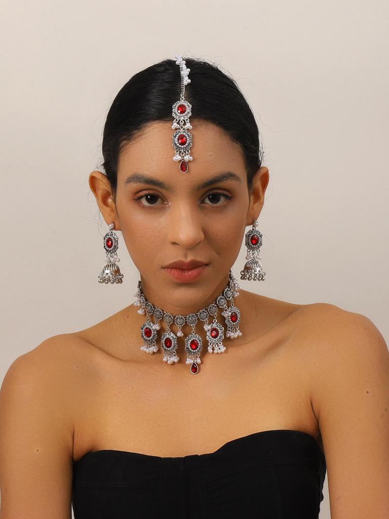 Indian Style Rhinestone Gemstone Three-Piece Set: Oval Necklace, Earrings & Headwear