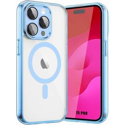 Kryt pro iPhone 15 Pro - Pevná ochrana - Průhledný - Modrý lem - Magnetický kroužek - Tvrzené sklo