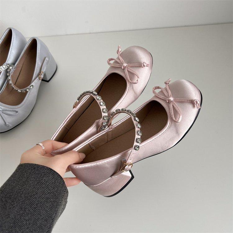 

High heels femininity senior not tired feet 2025 new French thick heel medium heel Mary Jane women s shoes rhinestone ballet 40 розовый