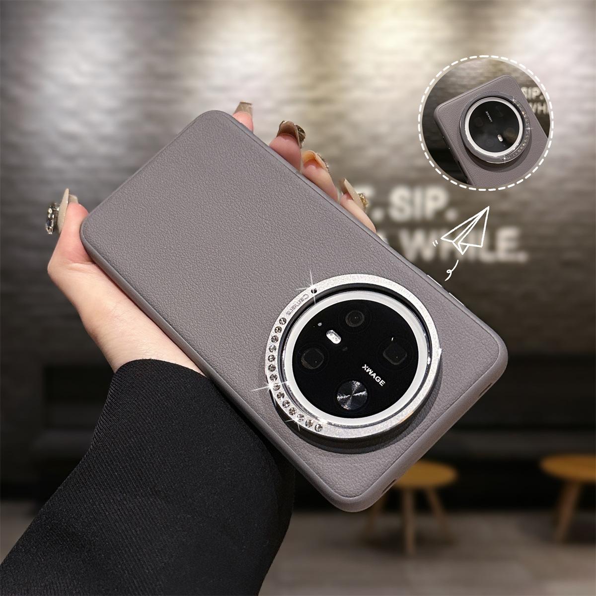 

Suitable for Huawei Mate70 Plain Leather Phone Case, Metal Diamond Lens Ring, P70pro/mate60 Huawei Pura70 сірий колір