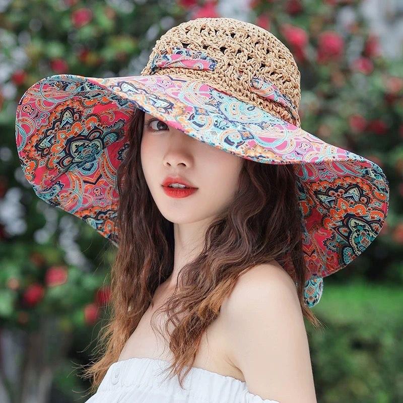 Ethnic style double-sided bucket hat women's big edge Internet celebrity versatile summer hat women's sun protection hat sun hat spring and autumn
