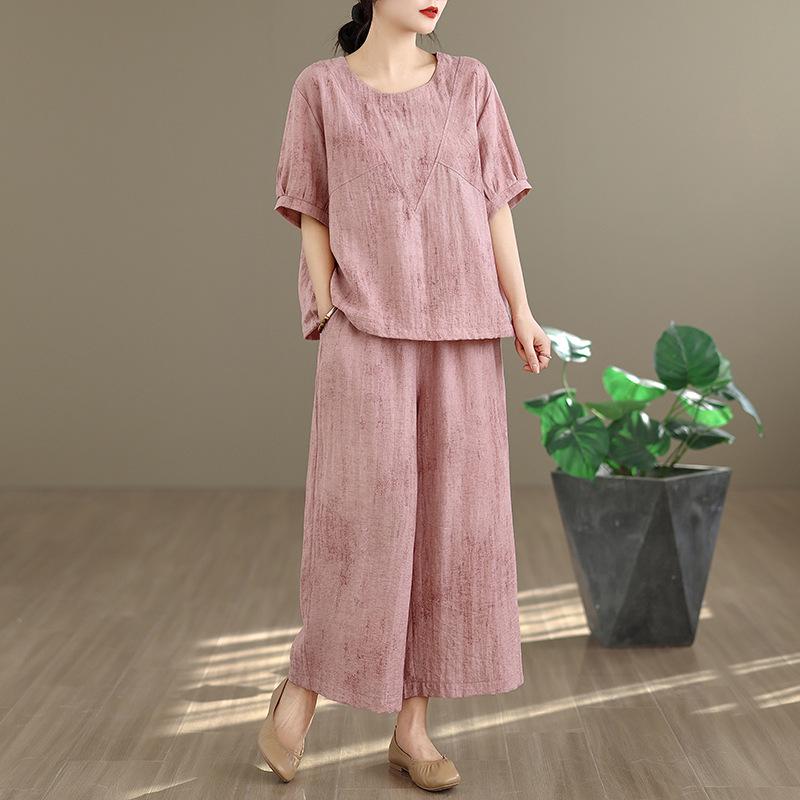 2026 Summer Retro Ethnic Cotton Linen Short Sleeve Top + Wide Leg Pants Set XL