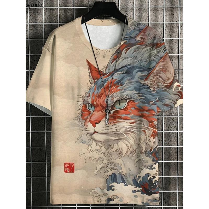 Japanese Samurai Cat 3D Printed T-Shirts for Men Short Sleeve Tee Casual Loose Harajuku Men's Clothing Oversized T-Shirt Tops