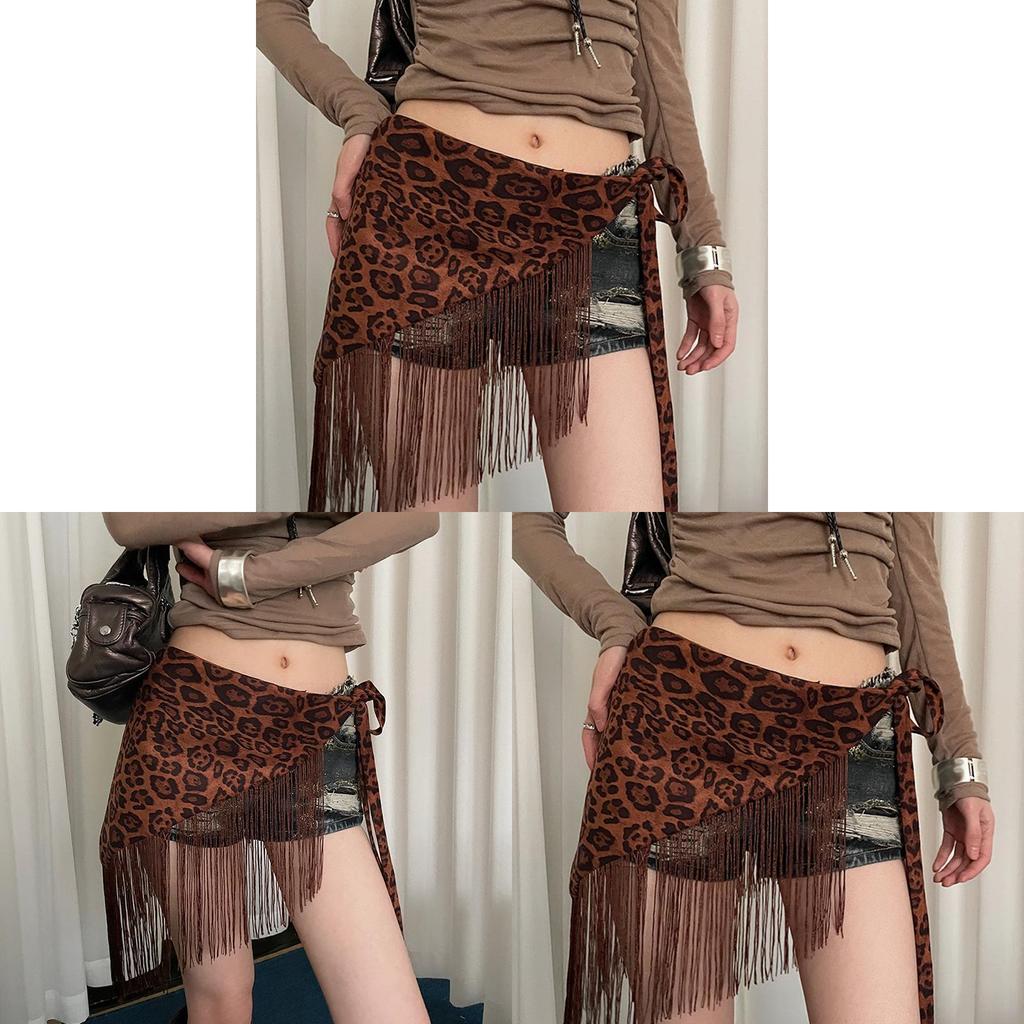 Y2k Leopard Print Tassel Gstring Panty With Wide Waist Belt For Summer Fashion