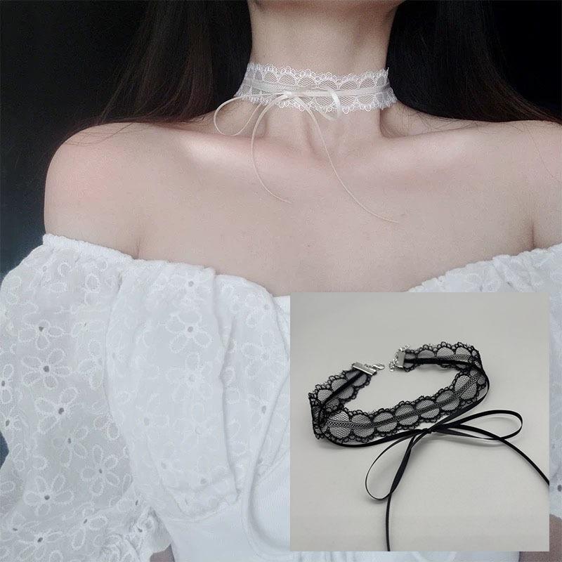 White Lace Bow Double Layer Hollow Versatile Clavicle Choker Necklace For Women