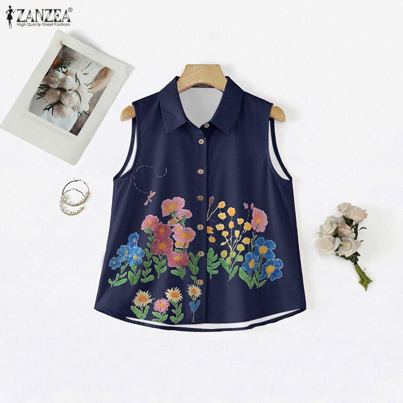 ZANZEA Women Casual Turn Down Collar Floral Print Sleeveless Vest Tops