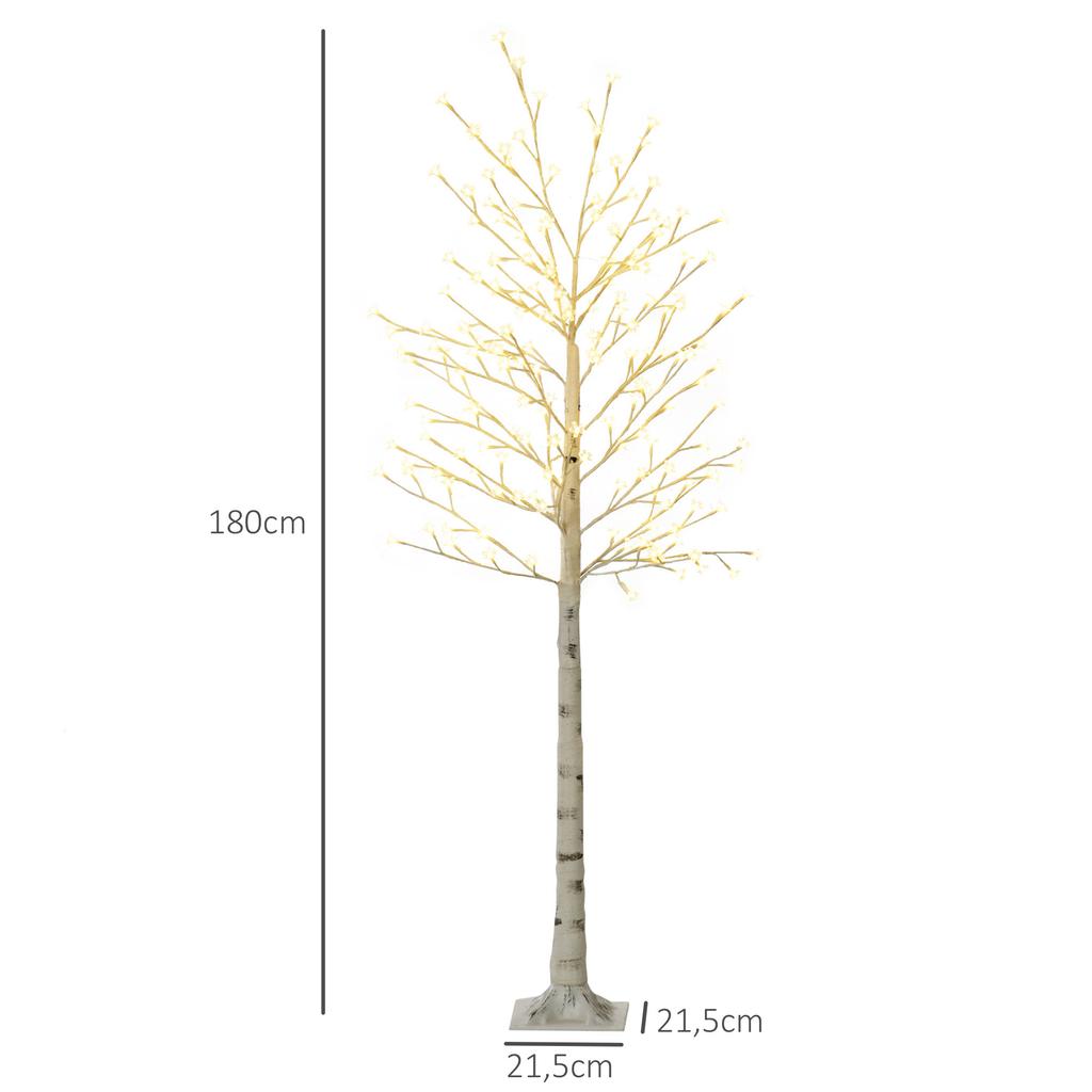 Artificial Tree, Artificial Birch, with 180 LEDs, 3 Brightness Levels, Warm White, Realistic Bark, 21.5 X 21.5 X 180 Cm