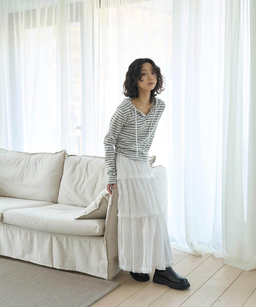 Striped Shirred Button Hoodie [Gray]