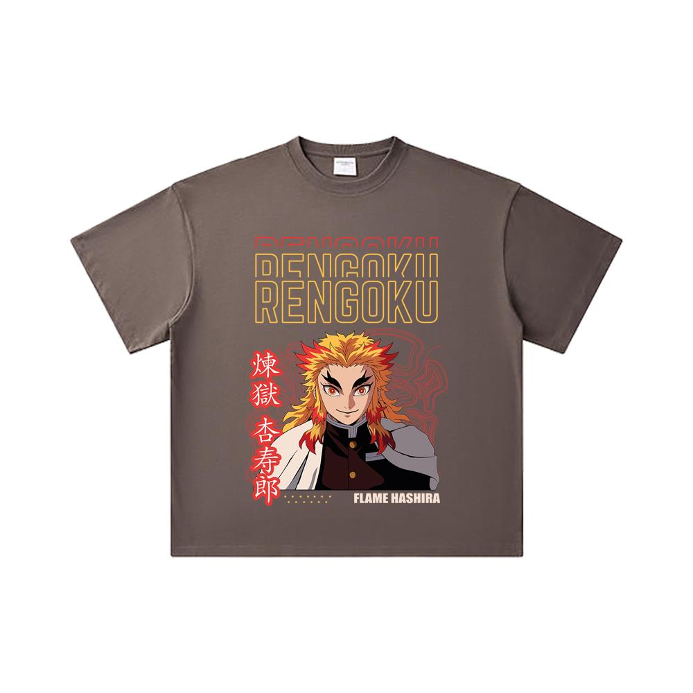 260 GSM Double Yarn 32 Count 100% Cotton Demon Slayer V117 Rengoku Print Unisex Heavy Cotton T Shirt