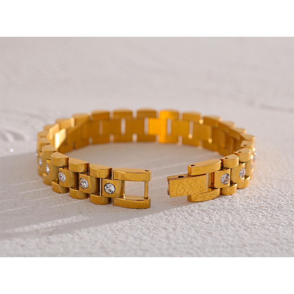 Yhpup 18cm Stainless Steel Imitation Pearls PVD Gold Plated Thick Cuban Chain Charm Bangle Bracelet Fashion Jewelry Wome