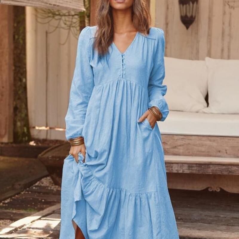 Spring and Autumn Dress Cotton and Hemp Retro Casual Long Sleeve Skirt