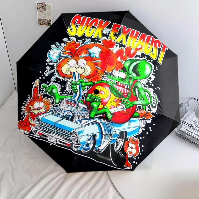 

1pc Rat Fink pattern Umbrella Portable Folding Umbrella Iron Frame Hole Bone Structure Outdoor Home Umbrella разноцветный