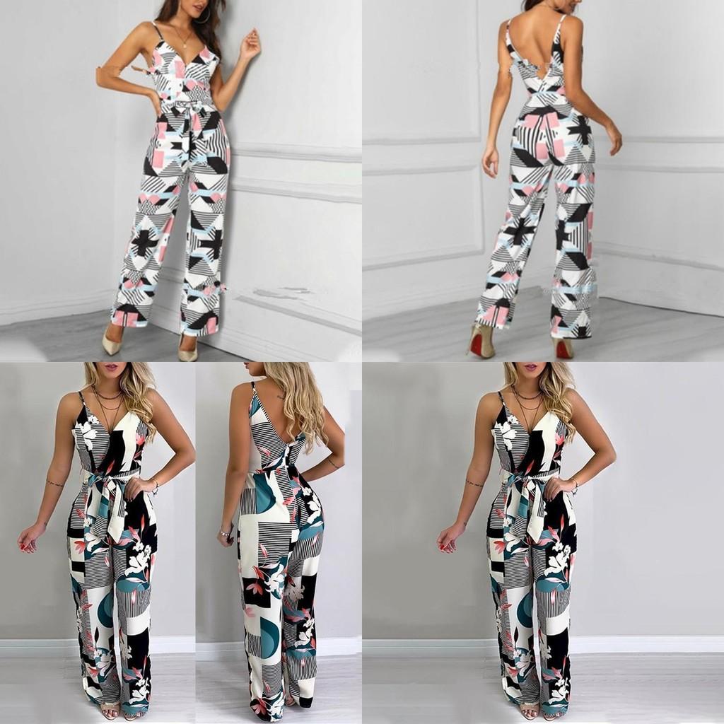 Elegant Multicolor Women Strappy Wide Leg Long Playsuit With V-neck Design