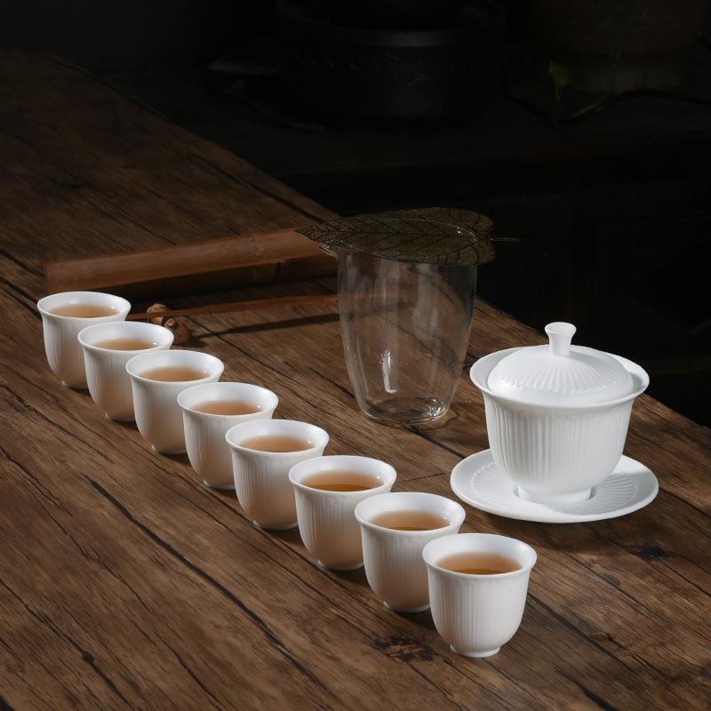 White Porcelain Kung Fu Tea Set, Household Simple Teapot, Teacup Ceramic Cover Bowl, Complete Set of High-end White Porcelain Gifts