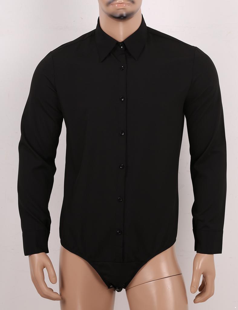 Men‘s One-Piece Casual Bodysuit: Turn-Down Collar Long Sleeve Button Down Solid Color Shirt Top for Daily Wear