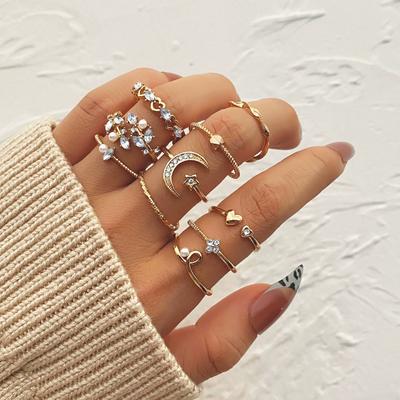 10Pcs/Set Vintage Rhinestone Star Moon Heart Leaves Finger Knuckle Rings For Women Men Simple Geometric Ring Boho Party Jewelry