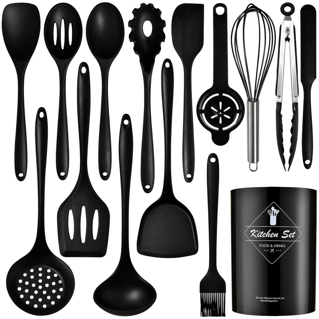 15pcs Silicone Kitchen Tools Set Non Stick High Temp Resistant Food Grade Utensils Spatulas Spoons Colander Storage Bucket