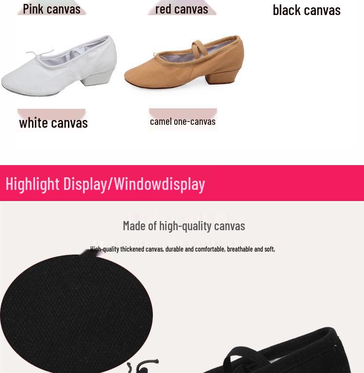 Women's Adult Soft Sole Canvas Dance Shoes with Heel - Black Ballet Practice Shoes