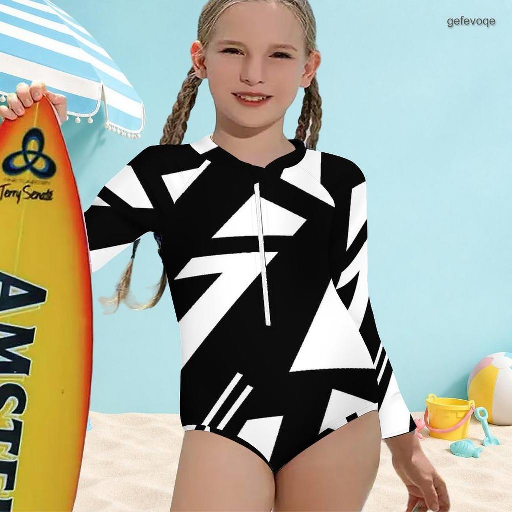Girls High Neck Long Sleeve Front Zip One Piece Swimsuit Black White Geometric Printed