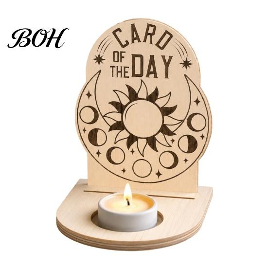 Gift for Housewarming Wooden Tarot Card Holder Stand, of The Day Candle Tealight Holder, Moon Small Wood Stand Candles Sun Star Pattern Altar Display