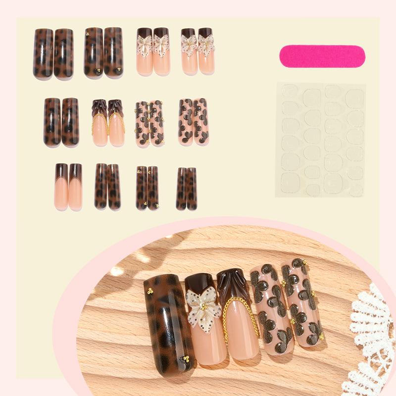 

Накладные ногти Длинные квадратные накладные ногти Французский кончик Клей для ногтей с леопардовым принтом Ложные акриловые ногти Полное покрытие Наклейки для ногтей для женщин