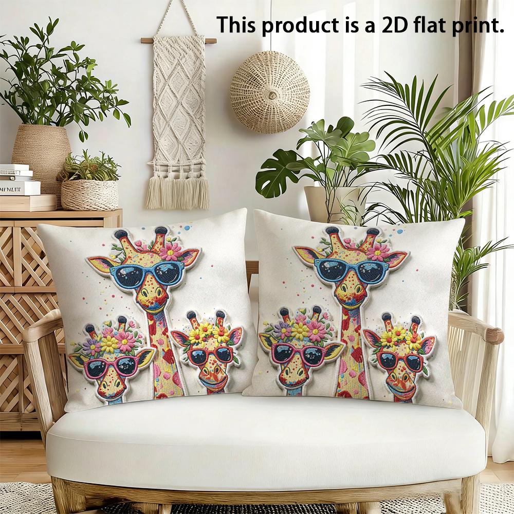2pcs Cute Giraffe Family Throw Pillow Covers 18x18 Inch Bohemian Floral Sunglasses Decorative Pillowcases for Sofa Bedroom