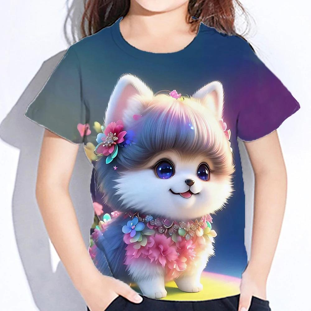 Summer Round Neck 3D Cute Cat Printed Top Fashionable Casual Short Sleeved Children's Girl T-shirts