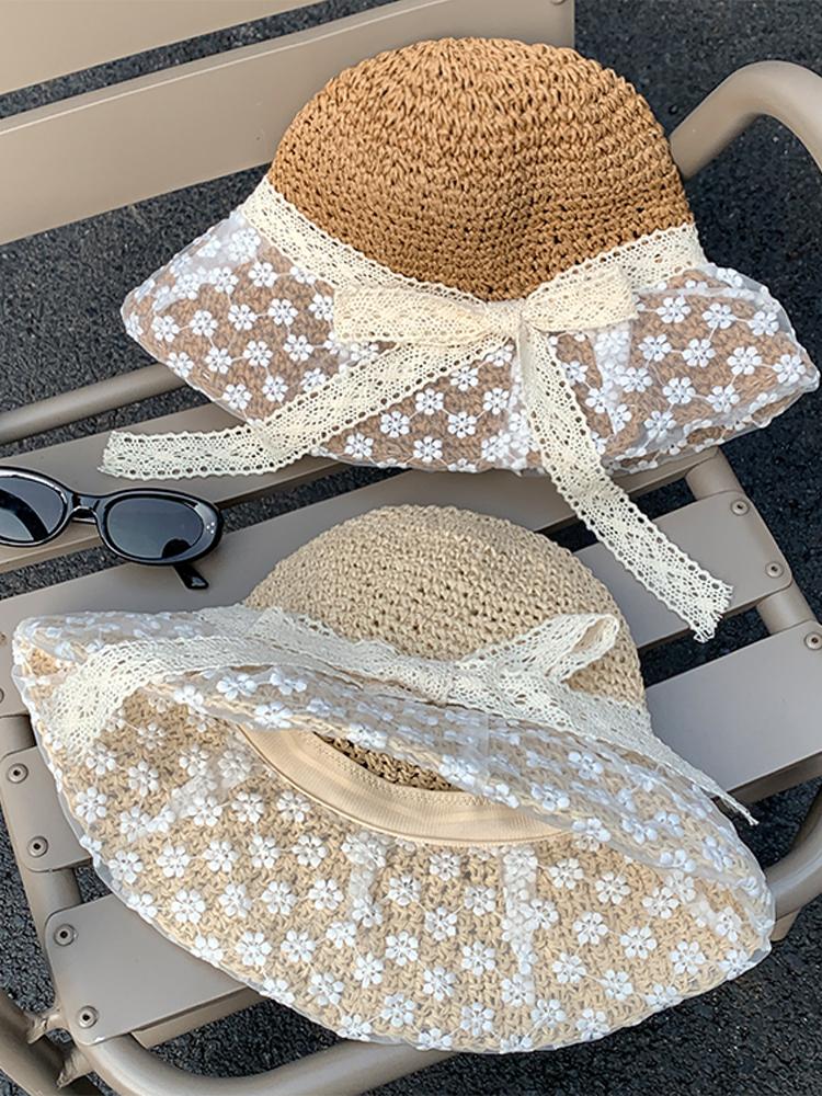 Summer Hat Women Lace Ribbon Bow Brimmed Sunshade Bucket Hat Lady Folding Sun Hat Beach Accessories Sunscreen Travel New Sunhat