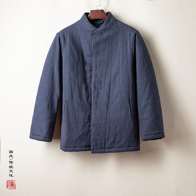 Męska zimowa retro chińska kurtka bawełniana: Pogrubiony Hanfu w stylu Zen do ceremonii herbaty.