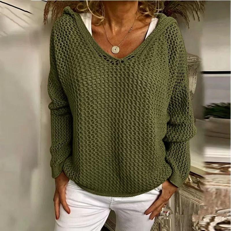Women's Light Gray Hooded Knitted Sweater with Hollow Weave V Neck, Multiple Colors