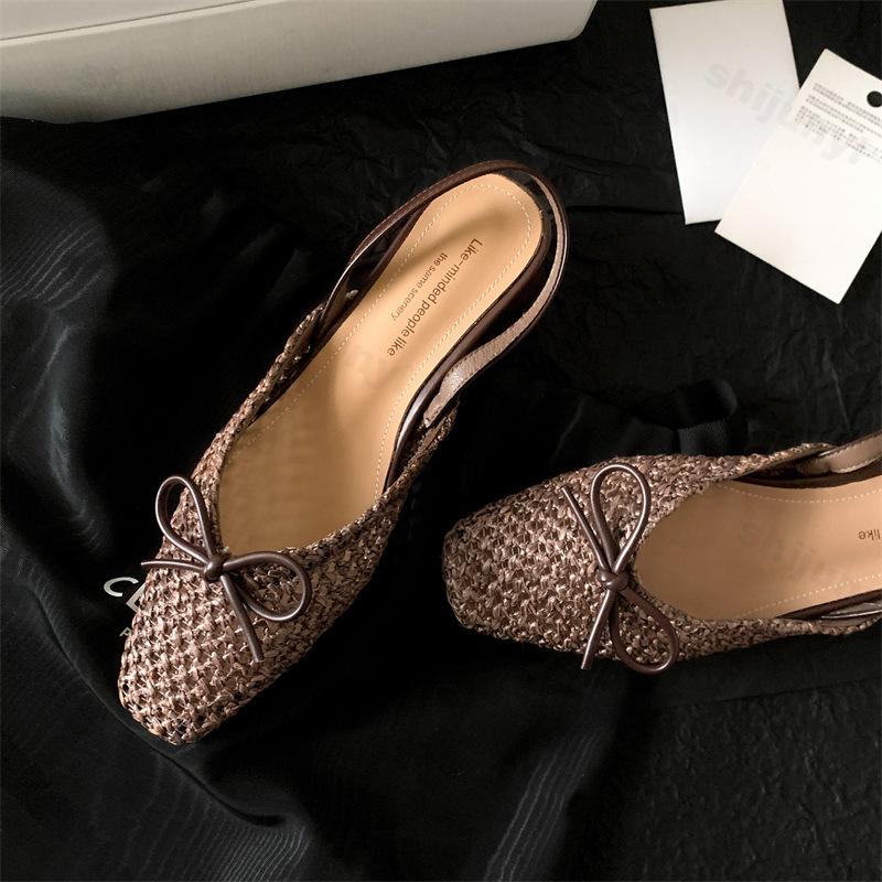 Fashion Woven Bow Back Strap Design Sandals Women's 2025 Summer New Square Head Shallow Mouth Single Shoe Comfortable Elegant Cool Pumps